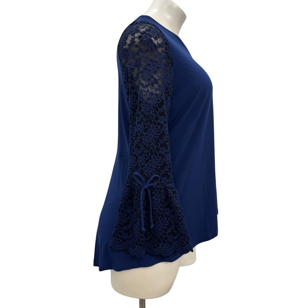 Susan Graver Lace Bell Sleeve Blouse Top V-Neck Flowy Boho Romantic Chic Blue XL - Picture 4 of 11